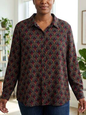 By Design Wrinkle-Free Fan Print Blouse | XL | Burgundy & Mustard Art Deco